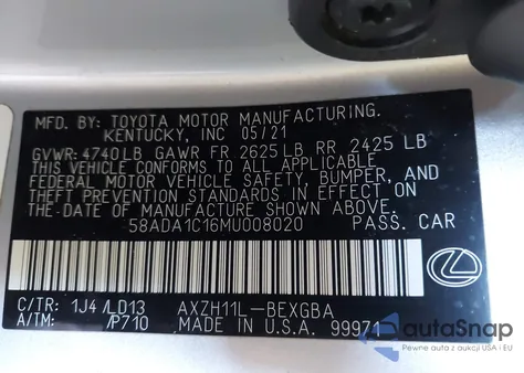 2021 Lexus Es 300H from USA, damaged, VIN 58ADA1C16MU008020